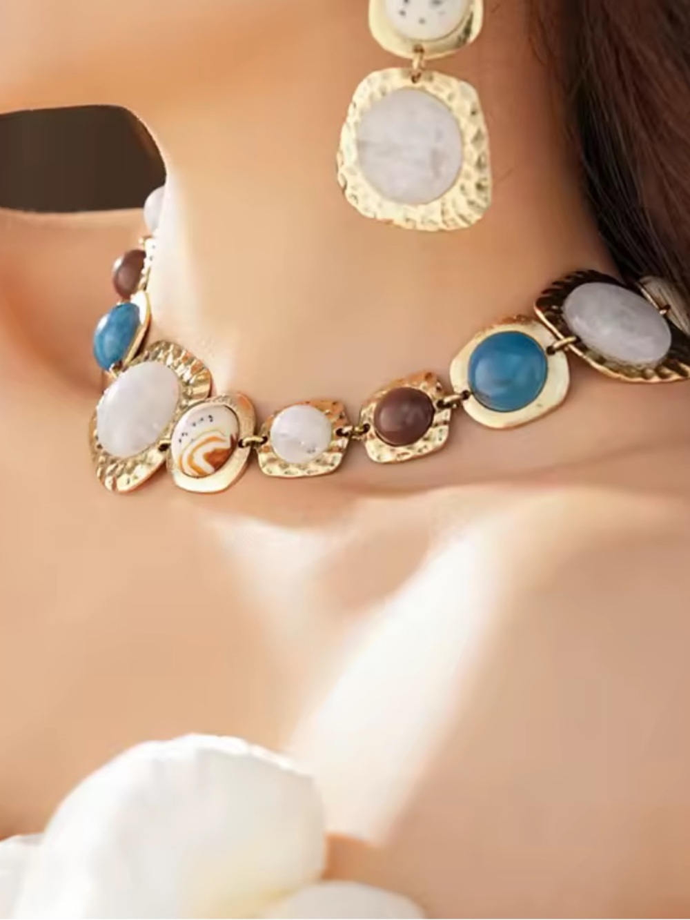 Gold-Tone Multi-Gem Statement Necklace with Blue and Cream Accents